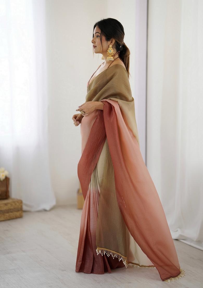 Green Printed Silk Saree Set - Indya