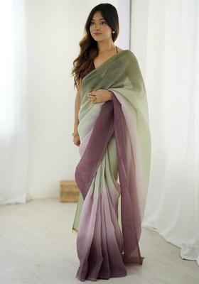 Green Printed Silk Saree Set