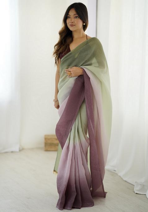 Green Printed Silk Saree Set