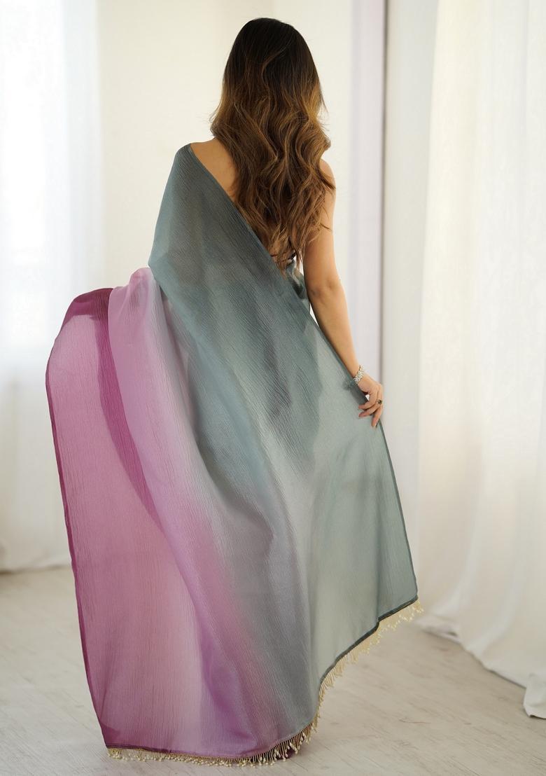 Grey Printed Silk Saree Set - Indya