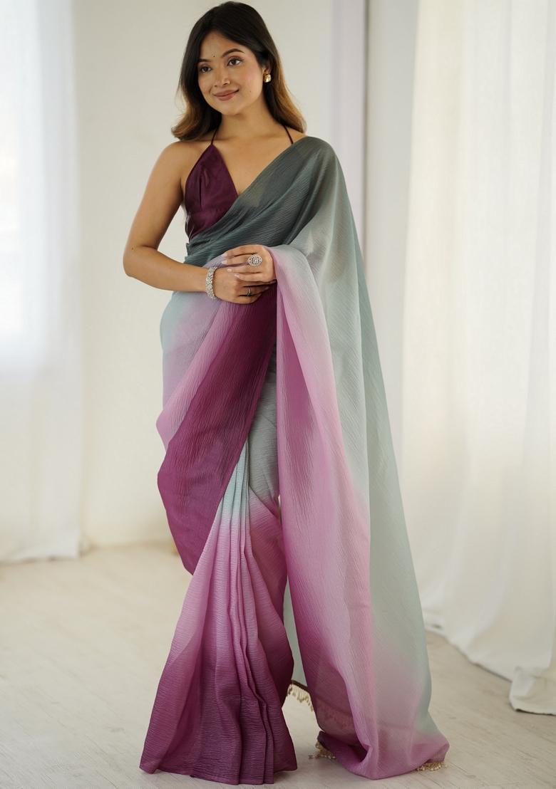 Grey Printed Silk Saree Set - Indya