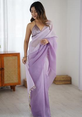 Lavender Printed Silk Saree Set