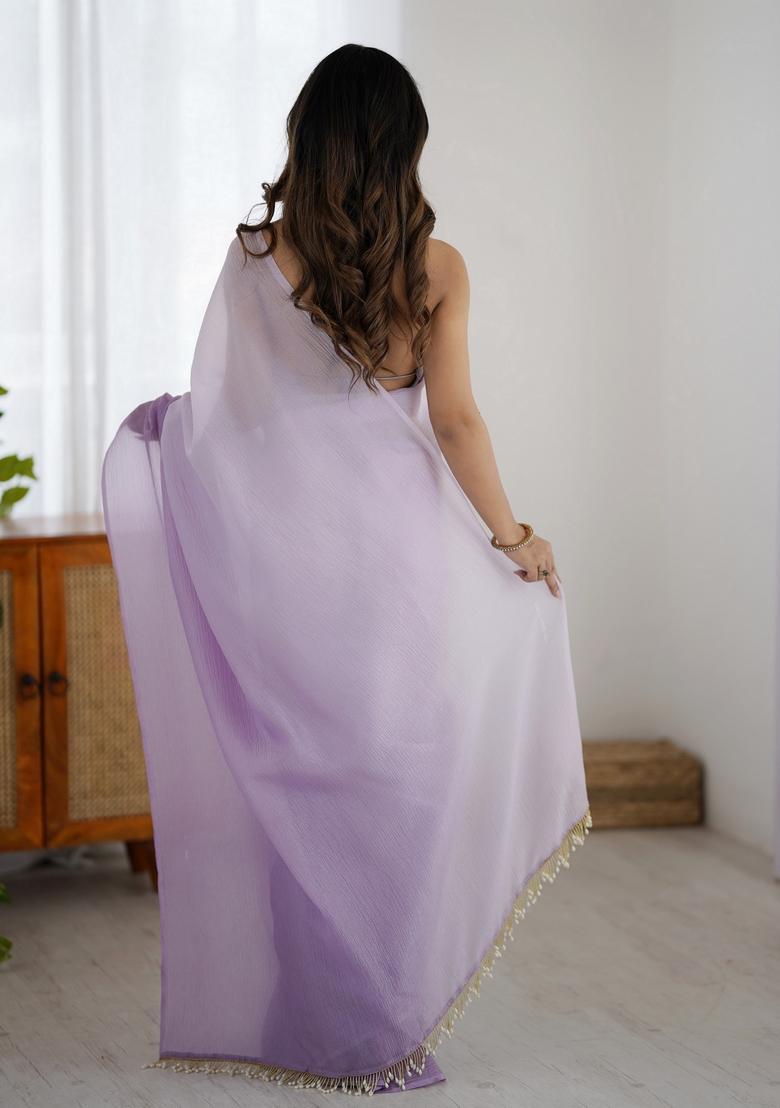 Lavender Printed Silk Saree Set - Indya