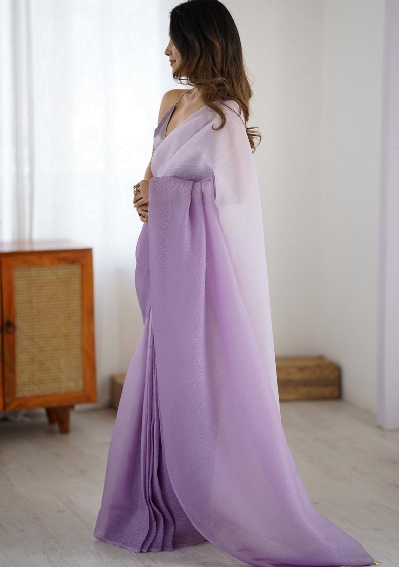 Lavender Printed Silk Saree Set - Indya