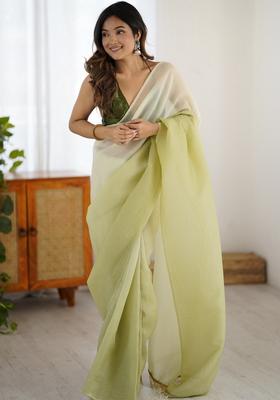 Green Printed Silk Saree Set