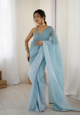 Sky Blue Printed Silk Saree Set