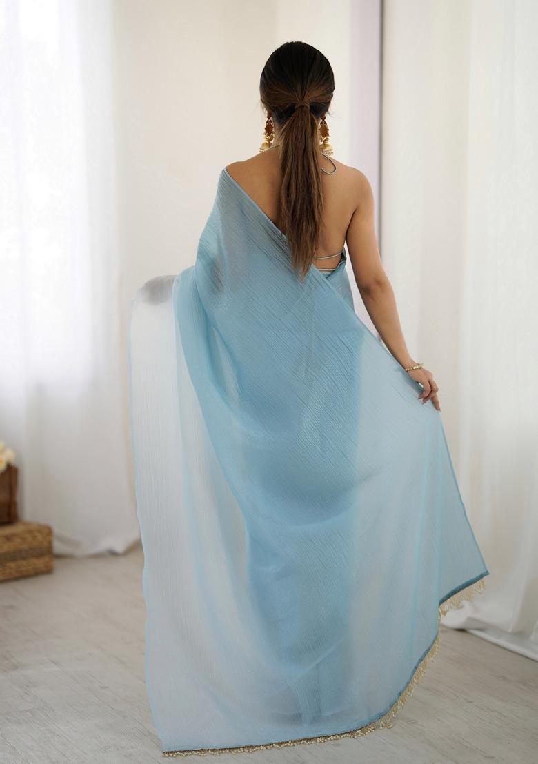 Sky Blue Printed Silk Saree Set - Indya
