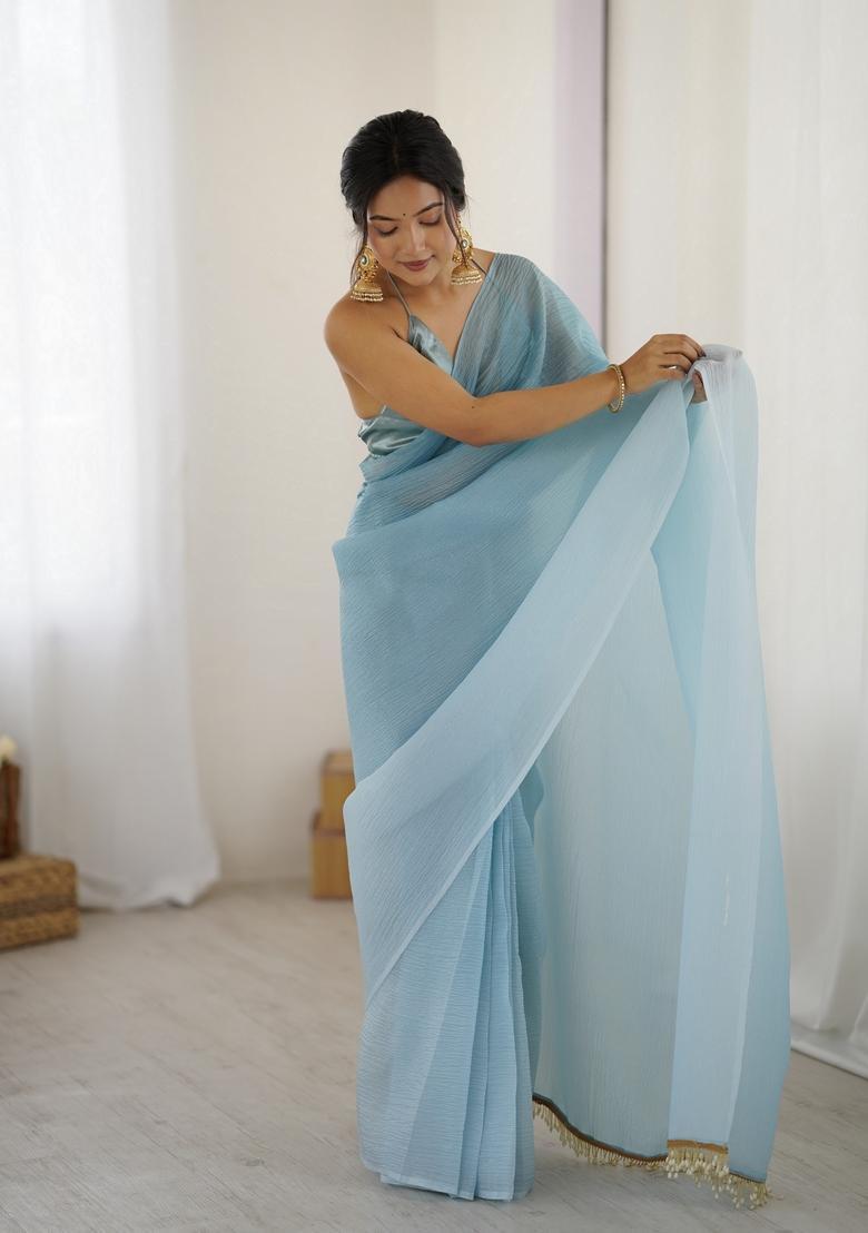 Sky Blue Printed Silk Saree Set - Indya