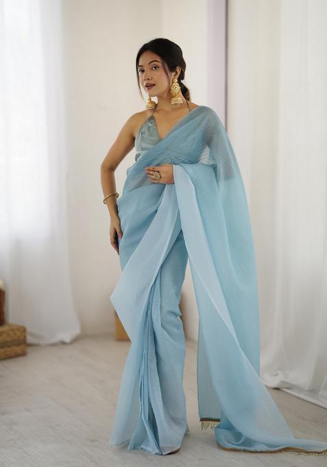 Sky Blue Printed Silk Saree Set