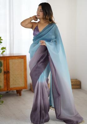 Sky Blue Printed Silk Saree Set