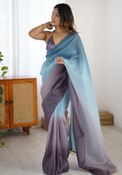 Sky Blue Printed Silk Saree Set
