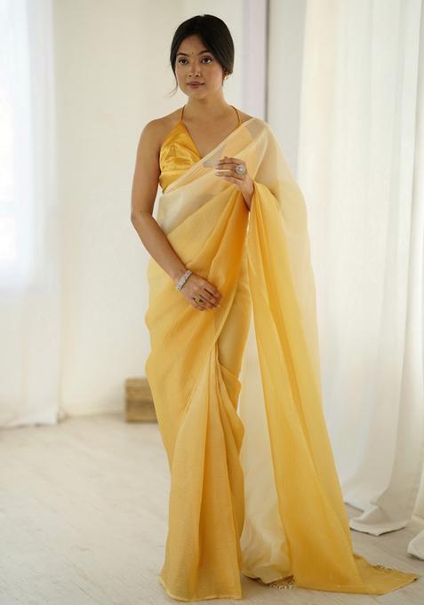 Yellow Printed Silk Saree Set