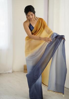 Yellow Printed Silk Saree Set