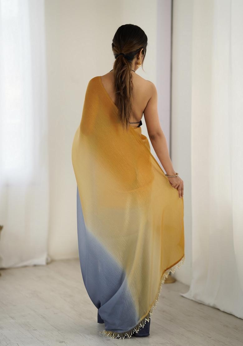 Yellow Printed Silk Saree Set - Indya