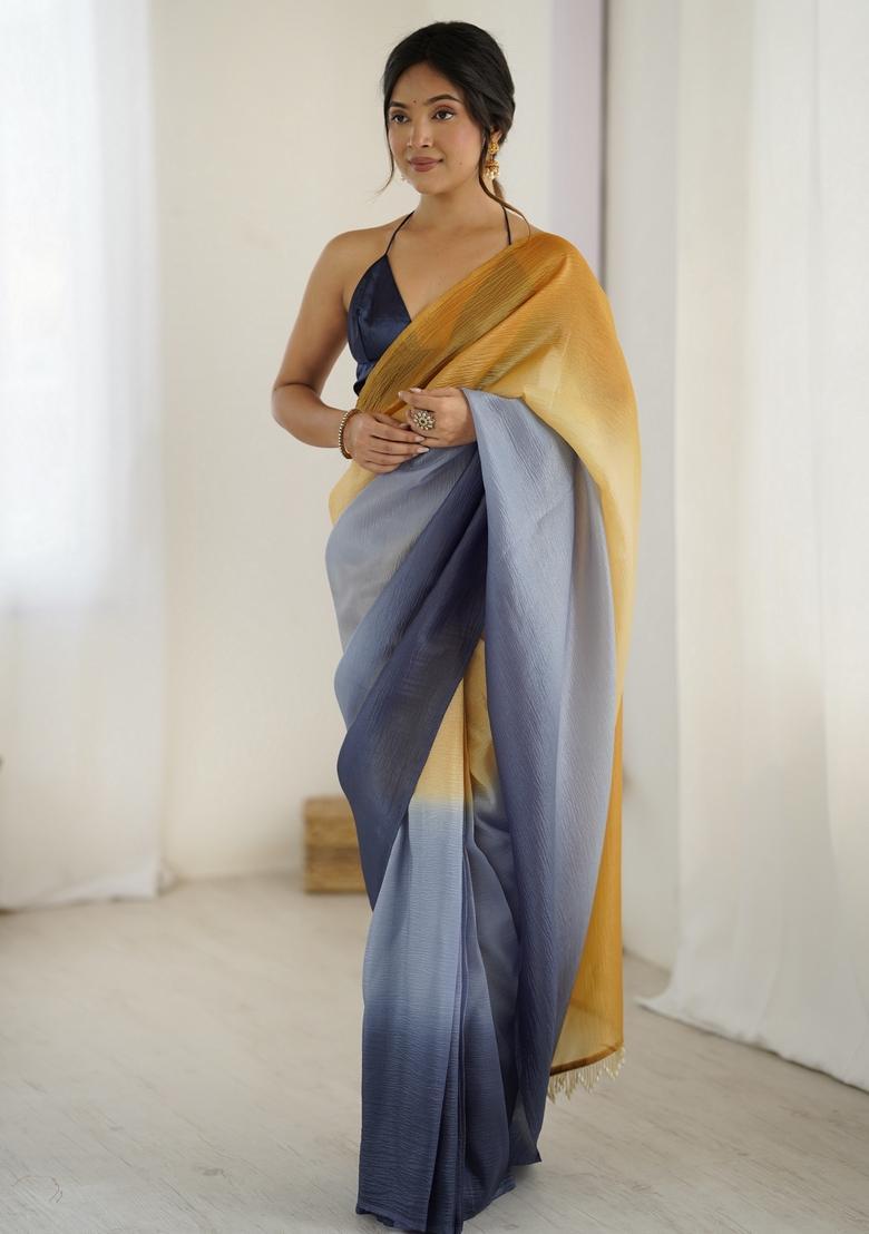 Yellow Printed Silk Saree Set - Indya