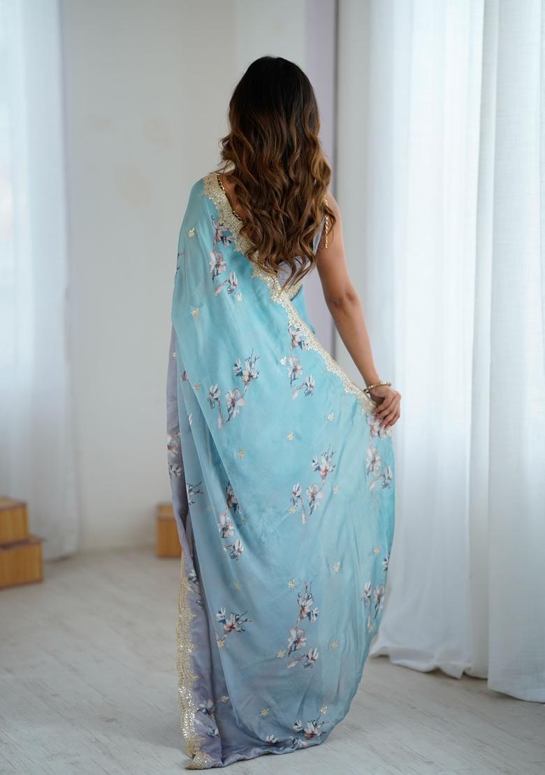 Sky Blue Sequins Work Chiffon Saree Set - Indya