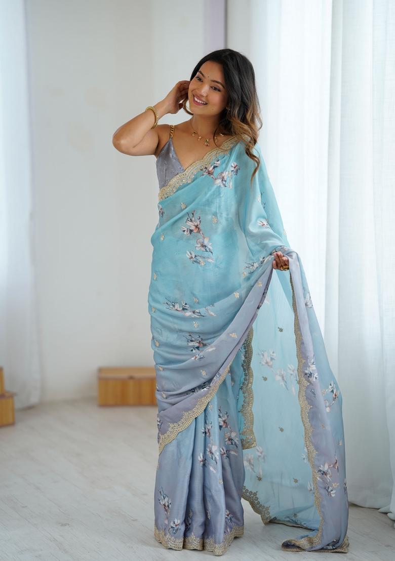 Sky Blue Sequins Work Chiffon Saree Set - Indya