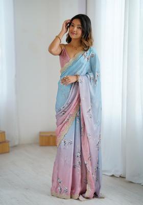 Peach Sequins Work Chiffon Saree Set
