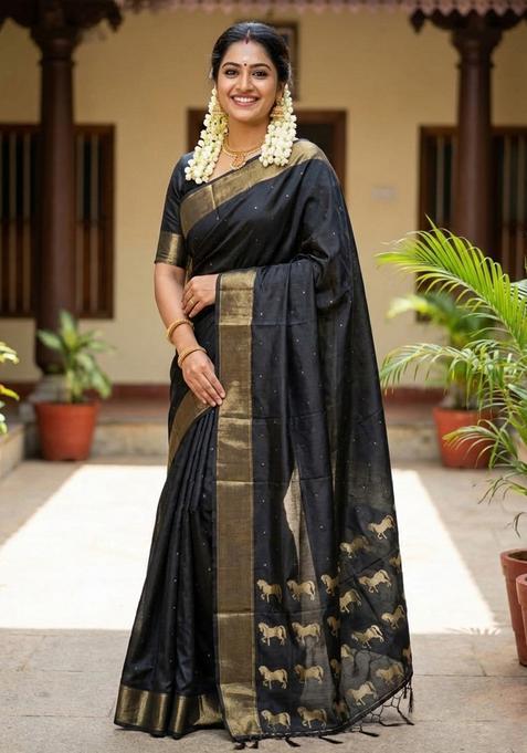 Black Zari Work Silk Saree Set