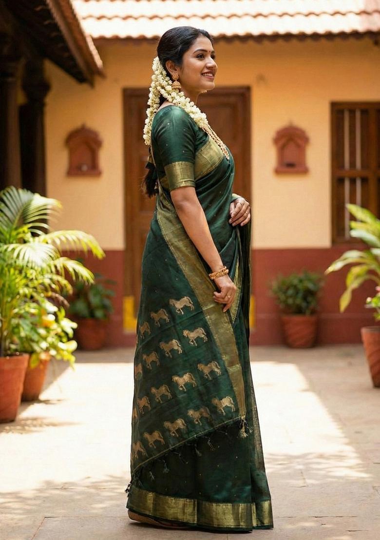 Green Zari Work Silk Saree Set - Indya