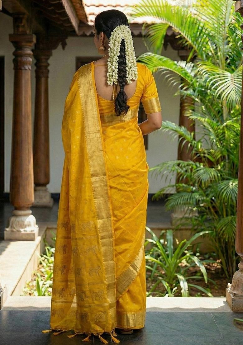 Yellow Zari Work Silk Saree Set - Indya