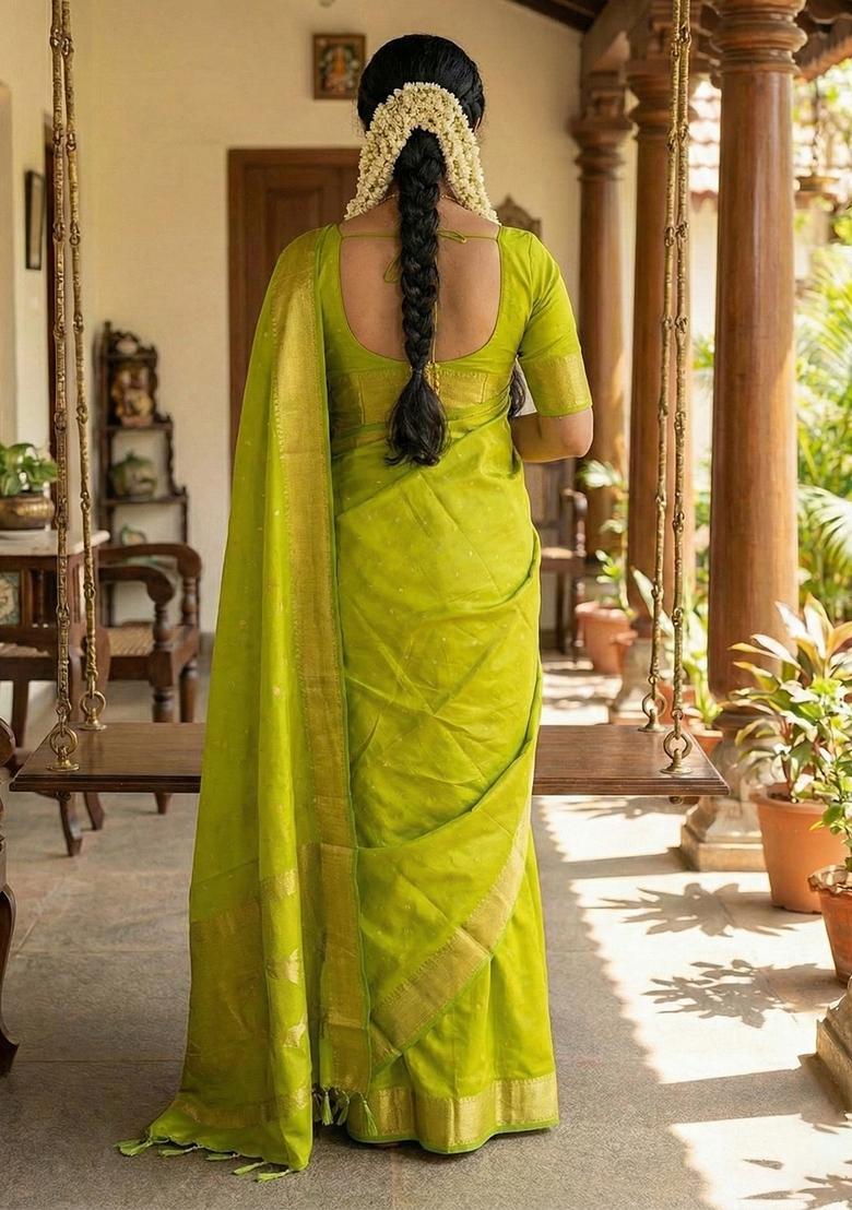 Green Zari Work Silk Saree Set - Indya