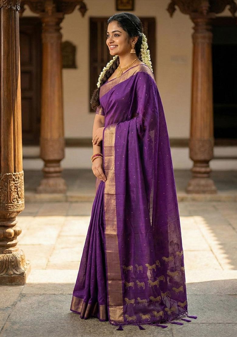 Violet Zari Work Silk Saree Set - Indya