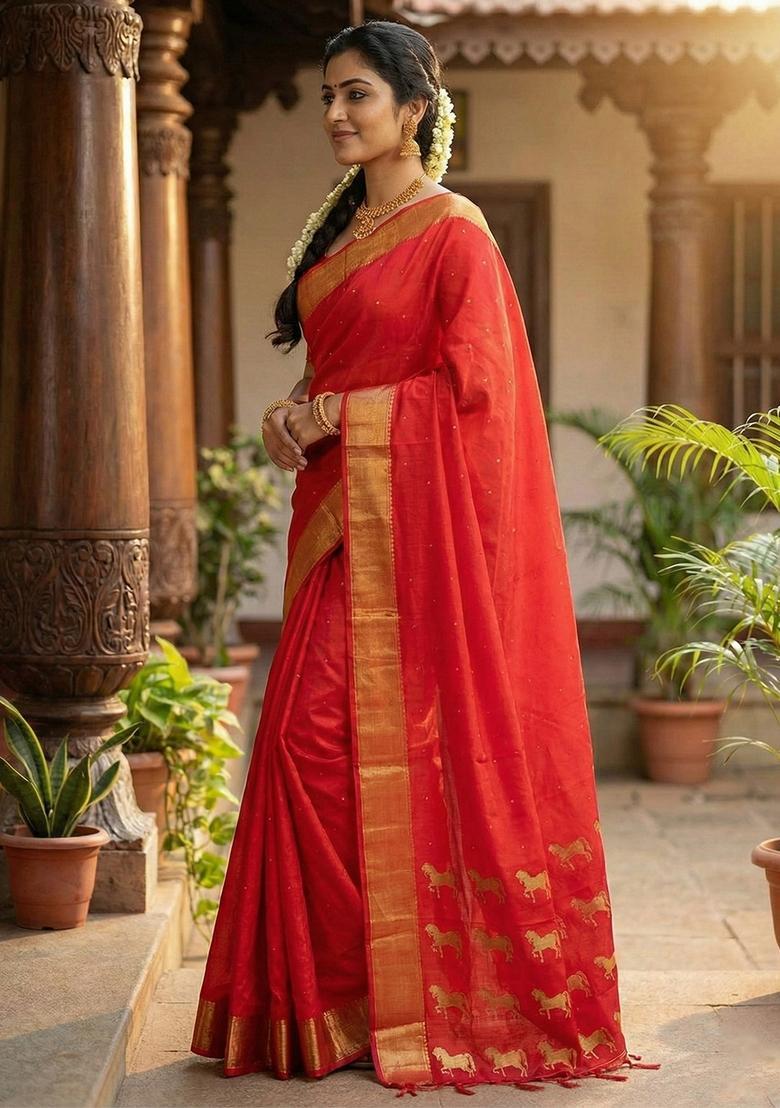 Red Zari Work Silk Saree Set - Indya