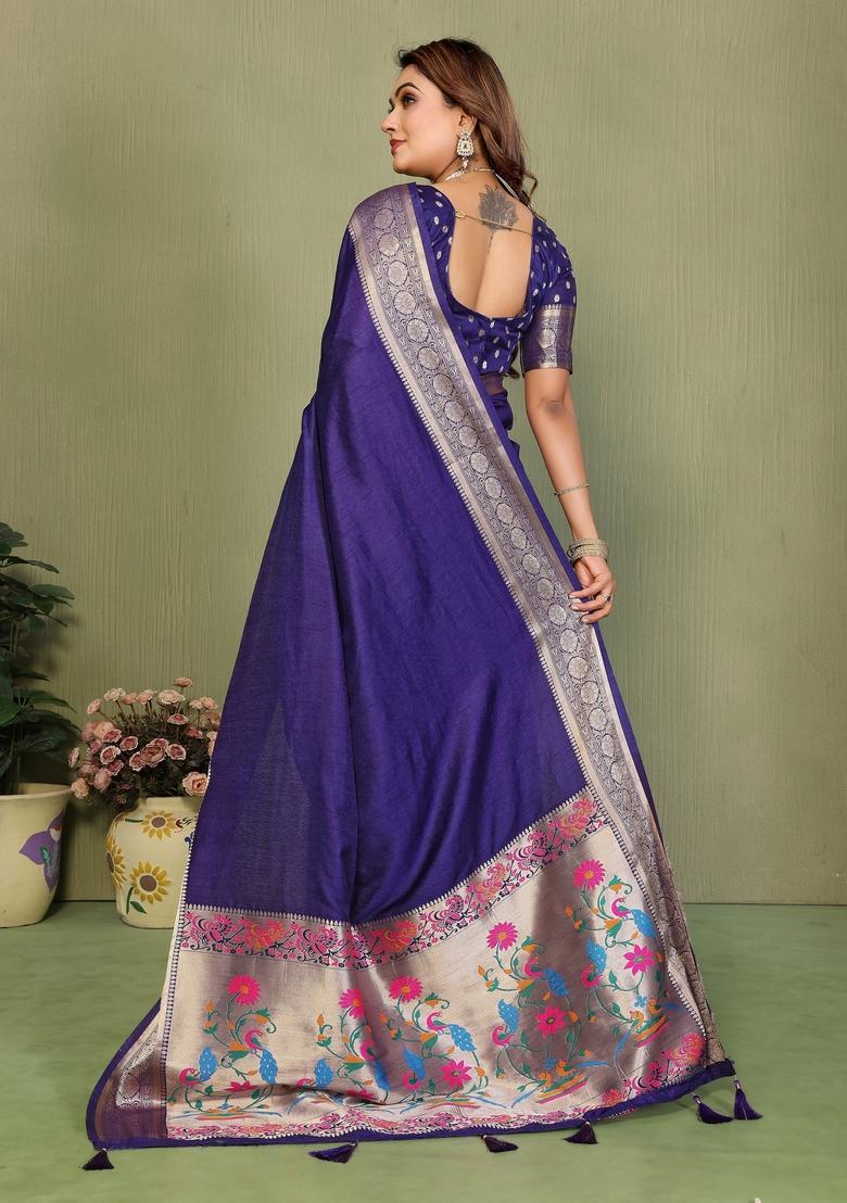 Violet Zari Work Silk Saree Set - Indya