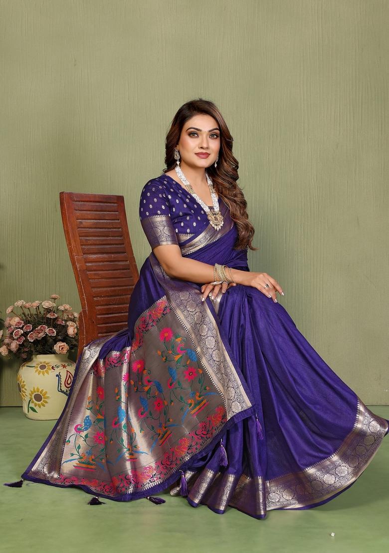 Violet Zari Work Silk Saree Set - Indya