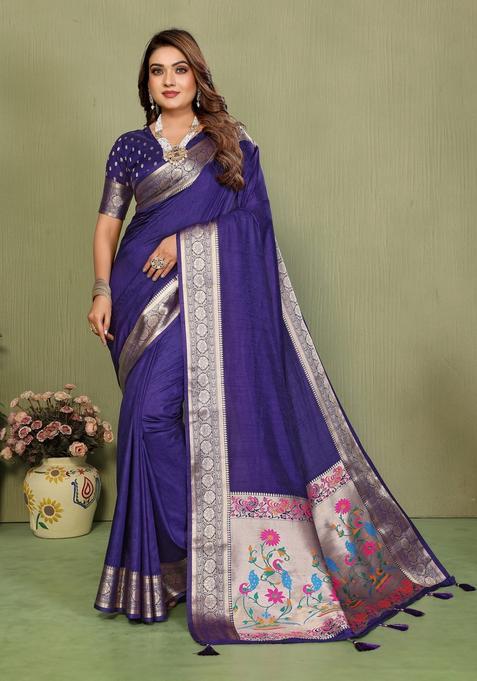 Violet Zari Work Silk Saree Set