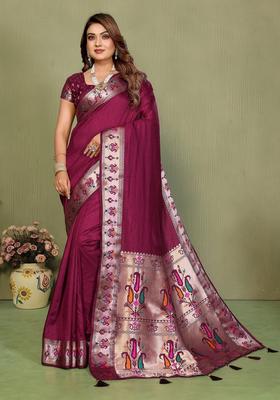 Wine Zari Work Silk Saree Set