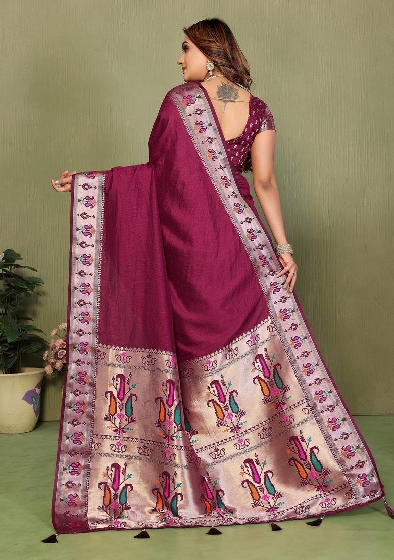 Wine Zari Work Silk Saree Set - Indya