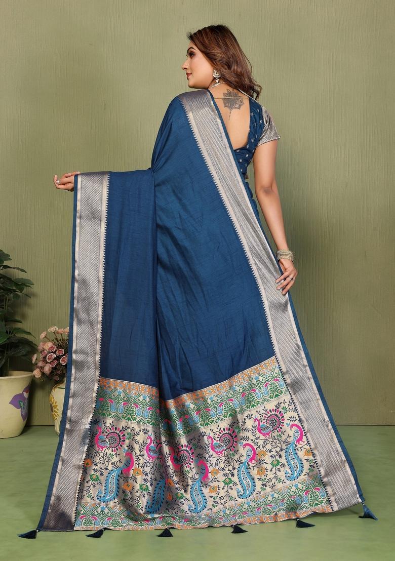 Blue Zari Work Silk Saree Set - Indya