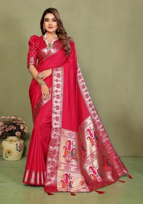 Pink Zari Work Silk Saree Set