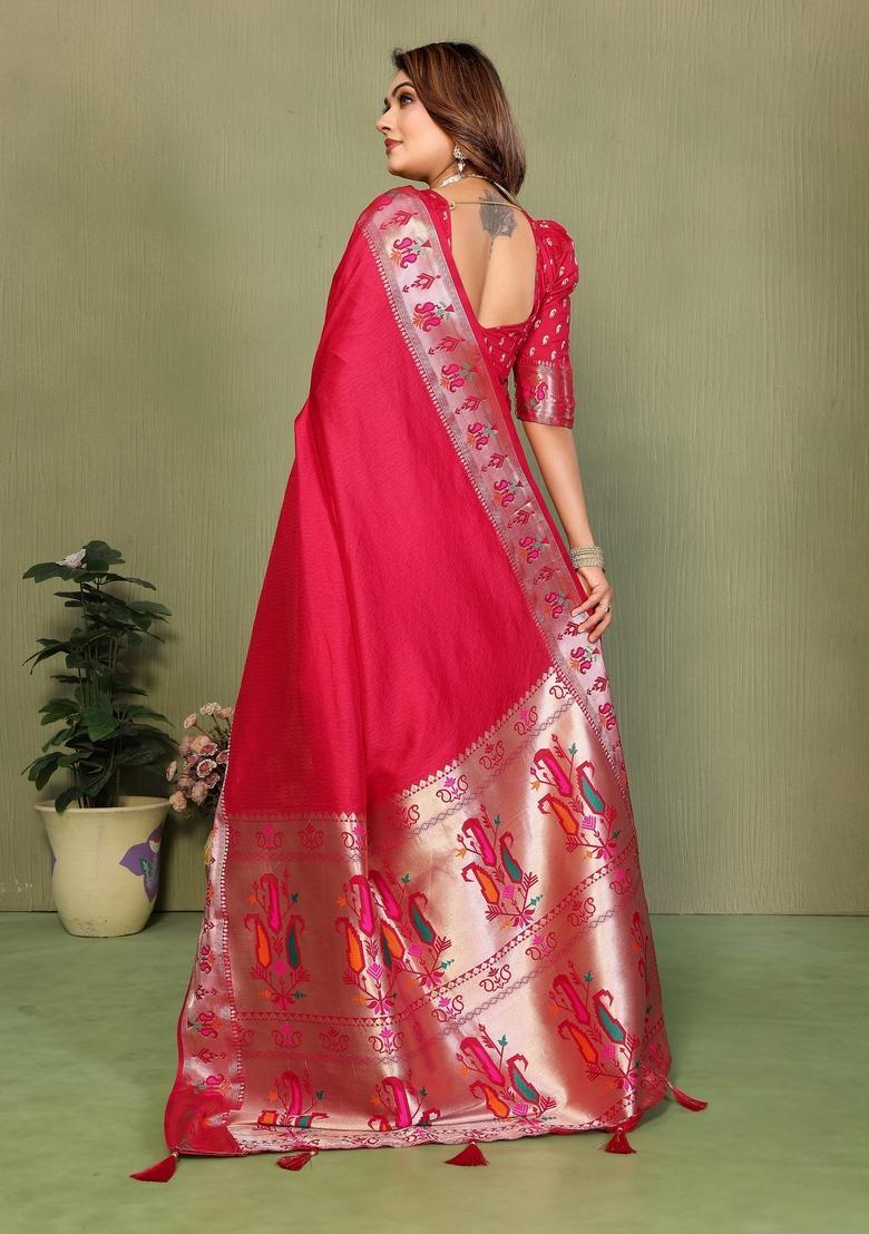 Pink Zari Work Silk Saree Set - Indya