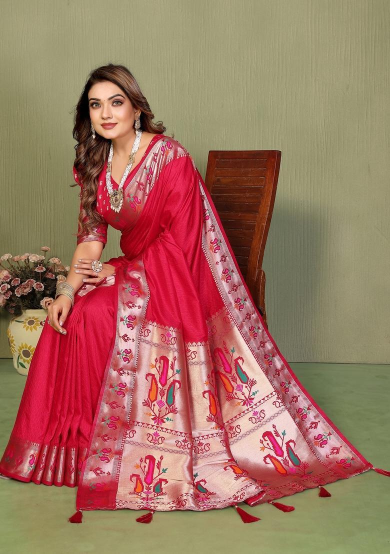 Pink Zari Work Silk Saree Set - Indya