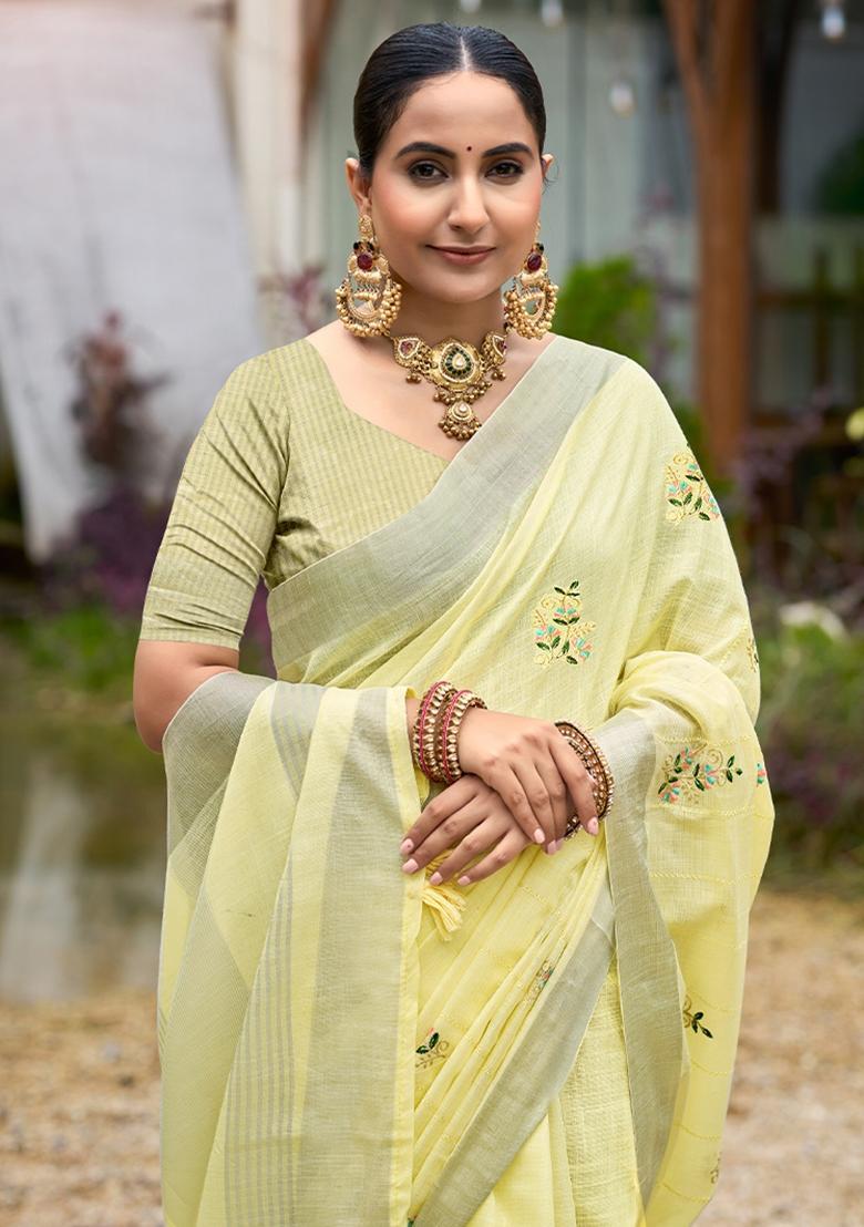 Yellow Embroidery Cotton Saree Set - Indya
