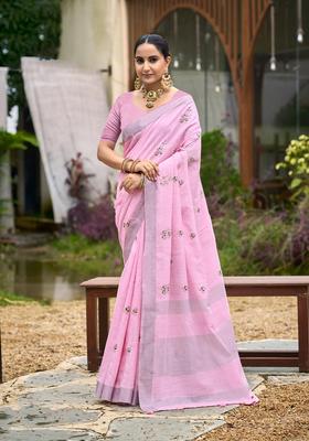 Pink Embroidery Cotton Saree Set