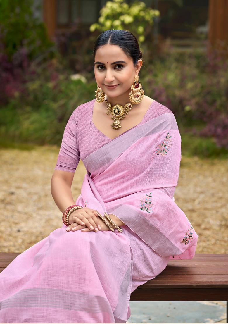Pink Embroidery Cotton Saree Set - Indya