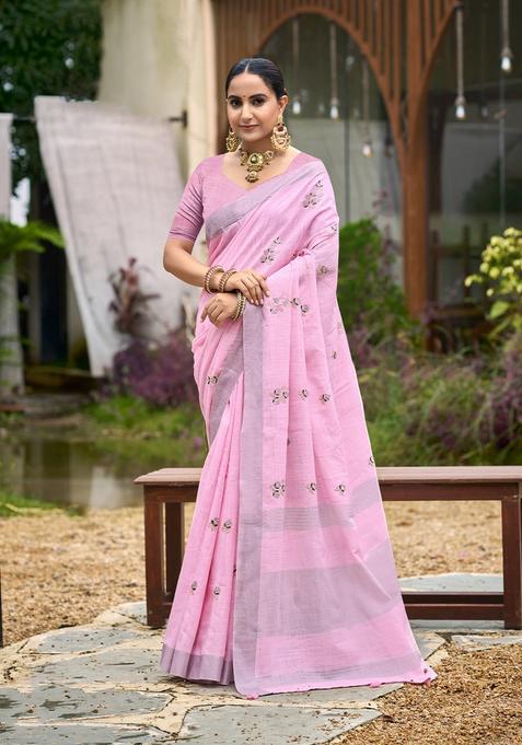 Pink Embroidery Cotton Saree Set