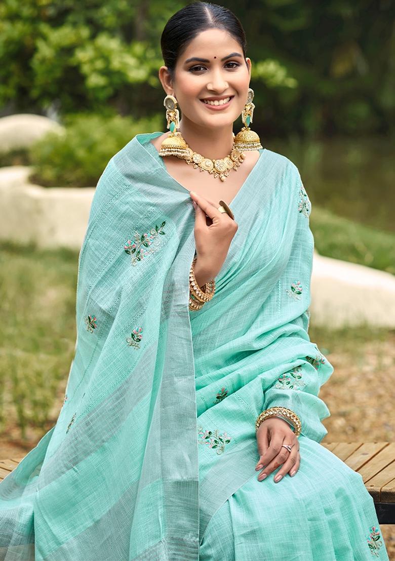 Turquoise Embroidery Cotton Saree Set - Indya