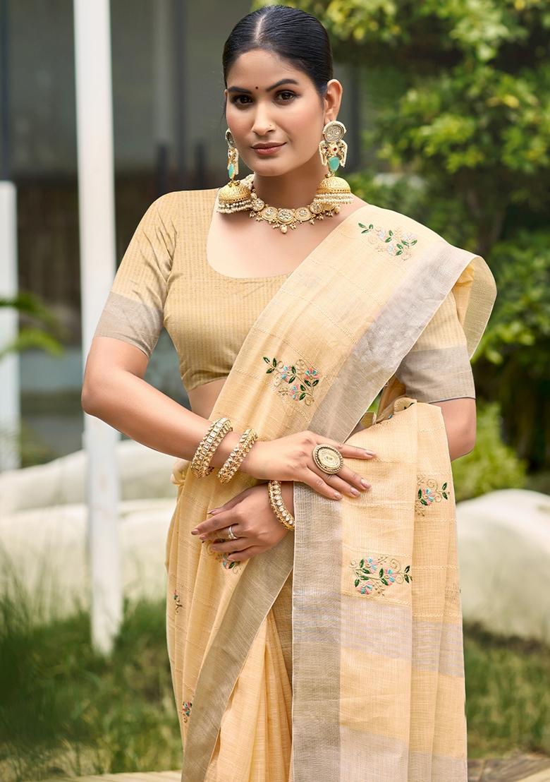 Peach Embroidery Cotton Saree Set - Indya