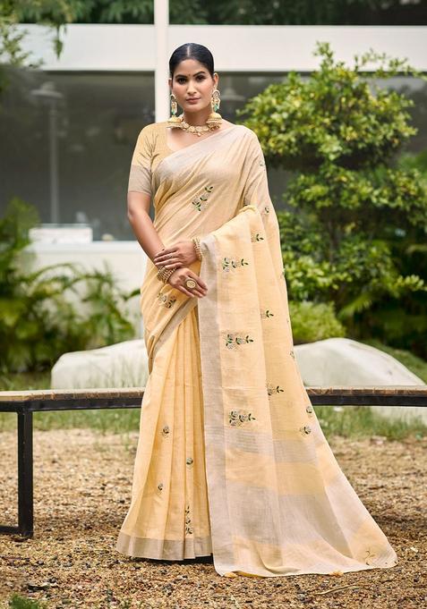 Peach Embroidery Cotton Saree Set