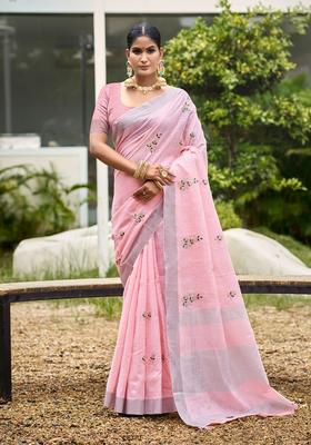 Pink Embroidery Cotton Saree Set
