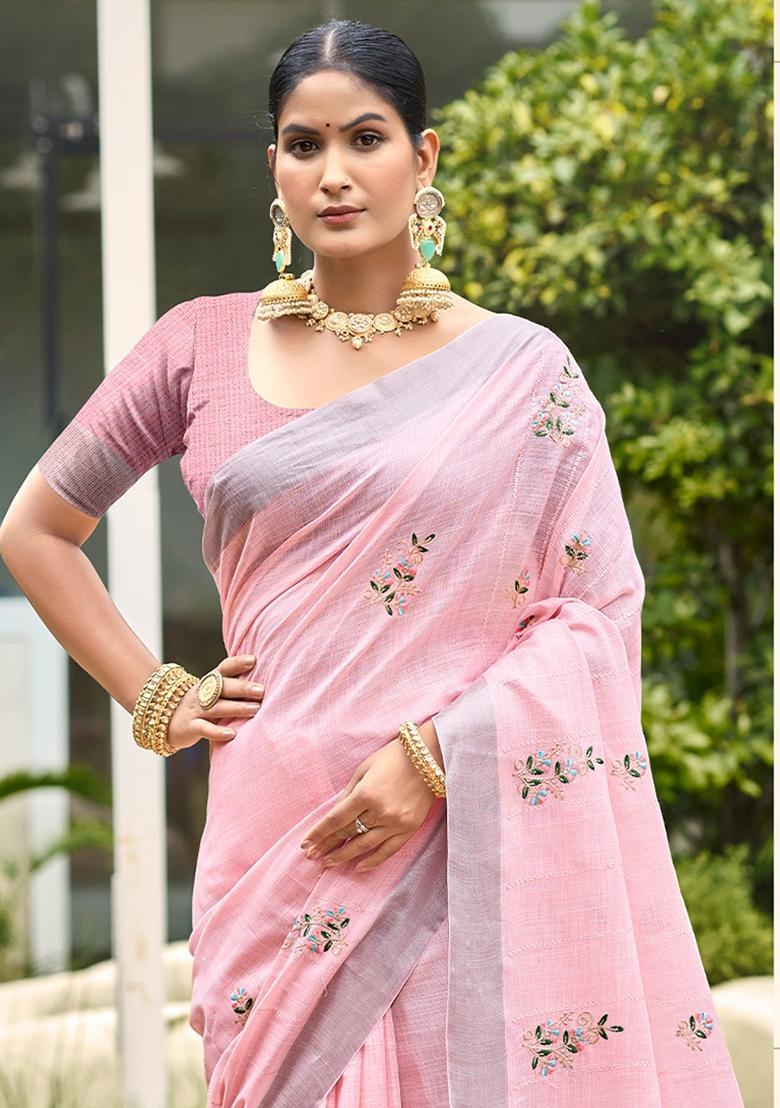 Pink Embroidery Cotton Saree Set - Indya