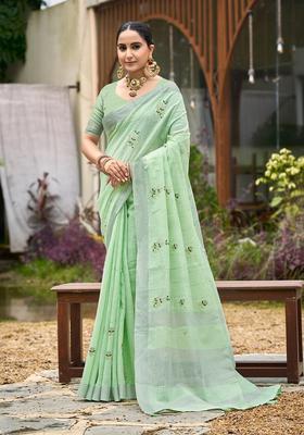Green Embroidery Cotton Saree Set
