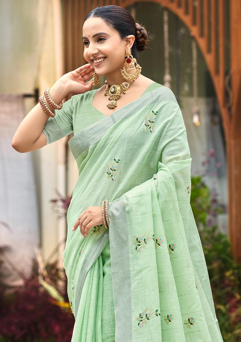 Green Embroidery Cotton Saree Set - Indya
