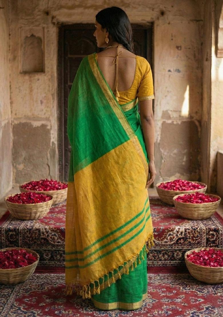 Green Printed Cotton Saree Set - Indya