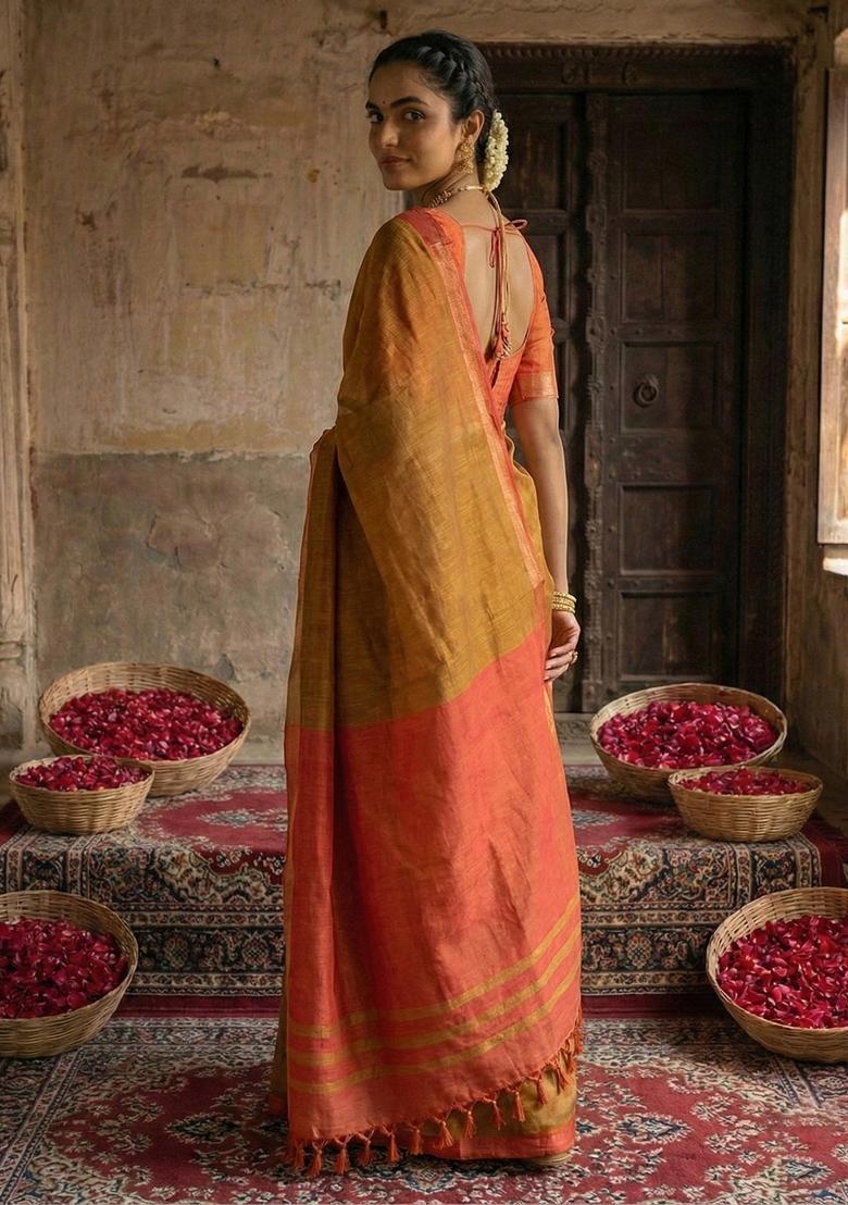 Brown Printed Cotton Saree Set - Indya